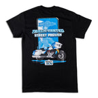 A black short-sleeve t-shirt with a large graphic print on the back. The graphic features a blue and white rectangular header with the text 'IMPACT WINDING SOLUTIONS' above the words 'TRACK-TESTED STREET PROVEN' in stylized blue and white lettering.