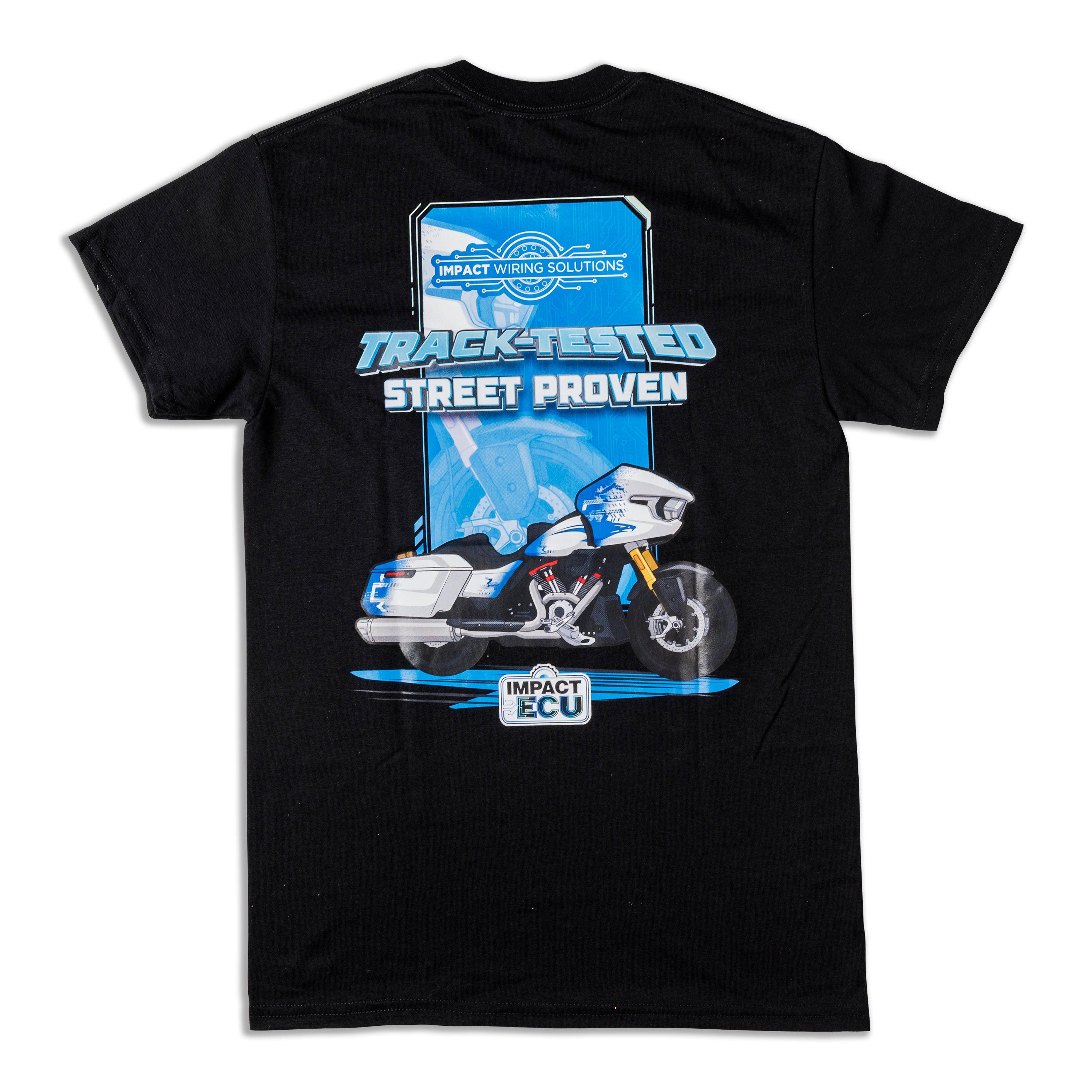 A black short-sleeve t-shirt with a large graphic print on the back. The graphic features a blue and white rectangular header with the text 'IMPACT WINDING SOLUTIONS' above the words 'TRACK-TESTED STREET PROVEN' in stylized blue and white lettering.