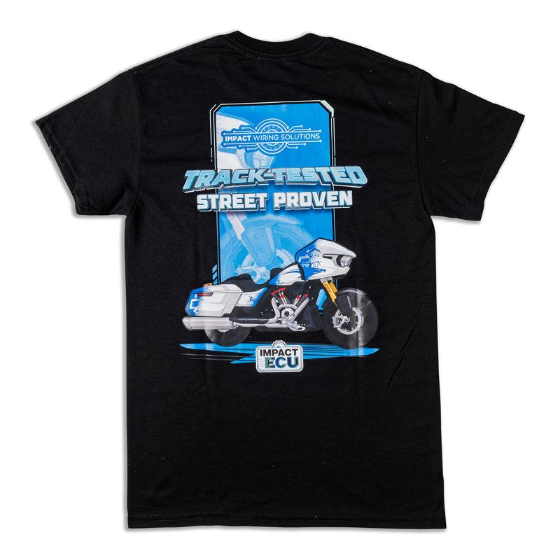 A black short-sleeve t-shirt with a large graphic print on the back. The graphic features a blue and white rectangular header with the text 'IMPACT WINDING SOLUTIONS' above the words 'TRACK-TESTED STREET PROVEN' in stylized blue and white lettering.